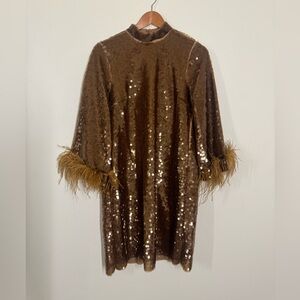 NWT Ungaro Brown Sequin Shift Dress with Feather Cuffs Knee Length Size Small
